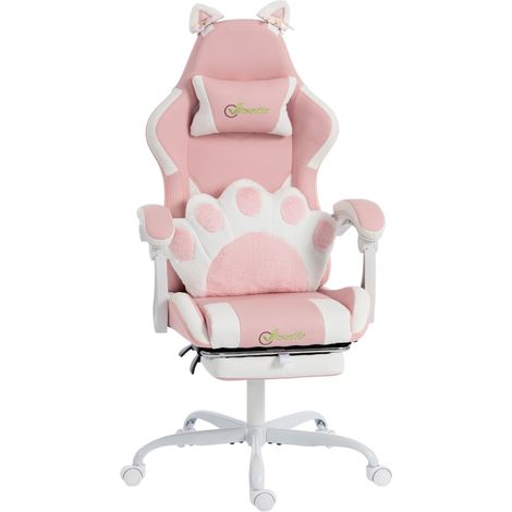 Chaise de jeu ergonomique, chaise de joueur en simili cuir avec oreilles de chat avec support lombaire, repose-pieds, appui-tête, rose (1/5)