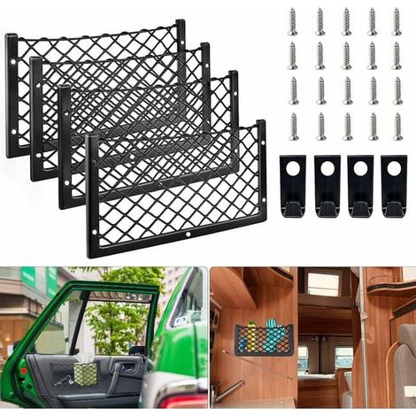 Set di 4 reti per bagagli, 36 x 18 cm, rete portaoggetti per auto con ganci e viti, rete universale per bagagliaio, roulotte e barche (1/5)