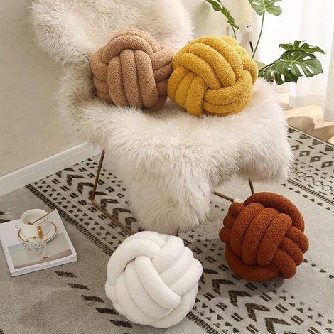Oreiller à Boule de Noeud, Oreiller de Balle nouée  Coussin de canapé en Velours d'agneau tissé à la Main  Ultra Doux  Coussin de Compagnie  Oreiller de canapé Beige, 28 x 28 cm (1/4)