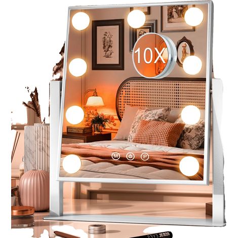 Espejo de maquillaje con luces LED regulables, aumento de 10x, color blanco. (1/2)