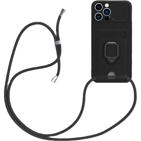 Coque téléphone silicone avec cordon cou ajustable, protection caméra et anneau métallique pour iPhone 14, étui noir avec lanière réglable, housse portable compatible. (1/2)