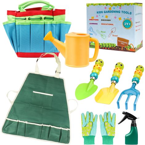 Kit de jardinage pour enfants (9 pièces) : gants, sac, arrosoir, vaporisateur, tablier, pelle, râteau.