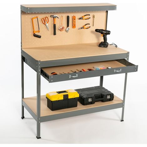 SwitZer Steel Garage Workbench Toolbox Storage With Drawers Pegboard and 20 Pegs Shelf DIY Workshop Station Grey