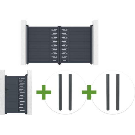 Portail battant 3m ARLBERG H.180cm gris + Portillon 1m ARLBERG H.180cm gris + 4 poteaux ELDA (1/5)