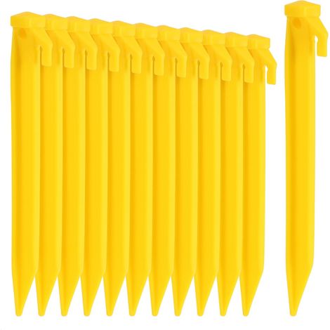 12x Plastic Tent Pegs - Ground Anchors for Camping, Garden, Beach - Pegs with Pull Hole - Yellow Ground Anchors - 22 cm (1/5)