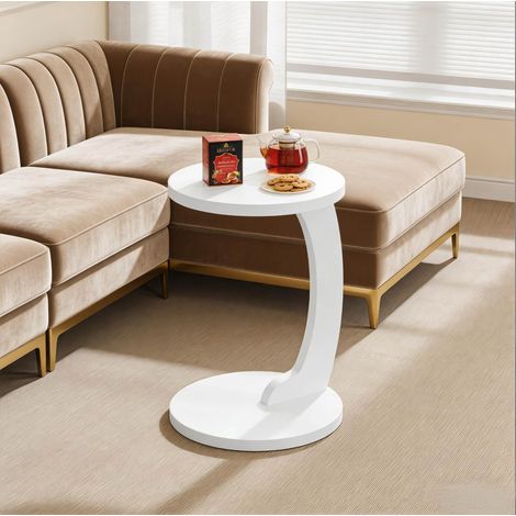 Mesa auxiliar redonda (38x55 cm), en C, ahorra espacio, con base estable, MDF, blanco (1/5)