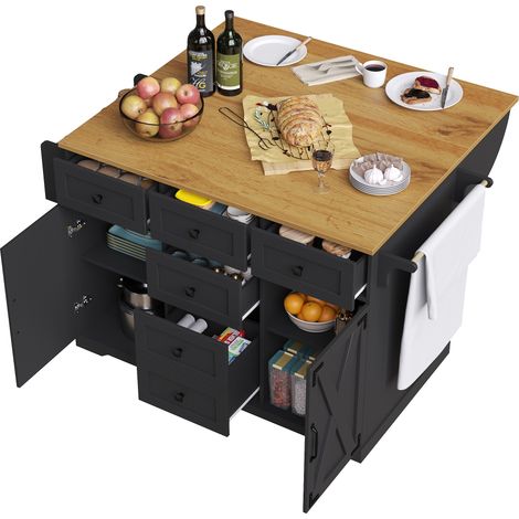 Îlot de cuisine pliant mobile avec grand rangement, table extensible, buffet compact en MDF et métal noir pour salle à manger ou petits espaces – CHICFURN (1/5)