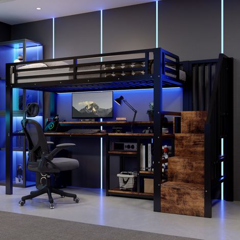 Lit mezzanine 90x200 cm avec bureau et escalier de rangement - Lit surélevé, lit haut en métal avec ports USB/Type-C et LED - pour Lit Ado Adulte moderne, Noir (1/5)