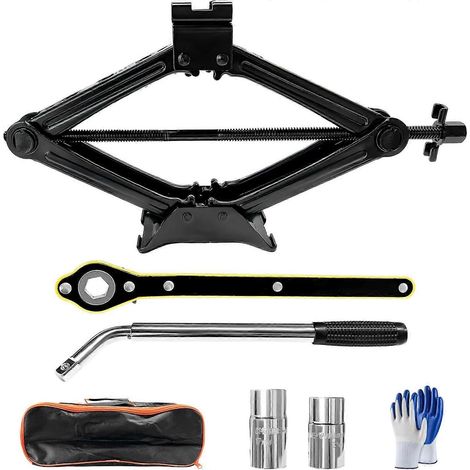 Kit de cric de voiture, cric à ciseaux de 2 tonnes (4409 lb), outil de changement de pneu portable avec clé à roue, crics de levage à ciseaux robustes, kit d'urgence universel pour véhicules. (1/5)