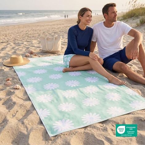 Serviette de plage en 100 % coton, vert menthe, motif pâquerettes, 100 x 180 cm (1/2)