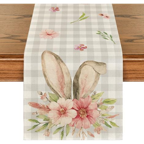 Chemin de table à carreaux floraux avec oreilles de lapin de Pâques, décoration de vacances printemps-été, 33 x 183 cm (1/5)
