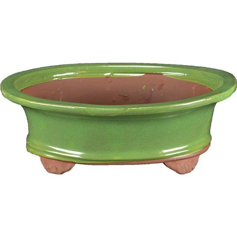 Vaso per bonsai ovale in gres smaltato verde 21,5x18x6 cm - GA3
