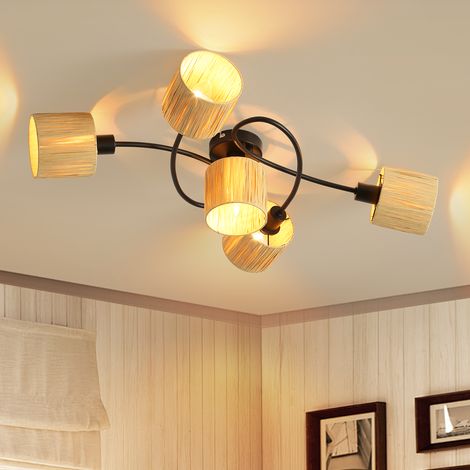 GBLY Deckenstrahler 5 Flammig Deckenleuchte Wohnzimmer - Deckenspots Vintage Schwarz Natürlich Strahler Innen Umgeben DesignDeckenlampe E14 Papier Spots für Flur Schlafzimmer (Ohne Leuchtmittel)