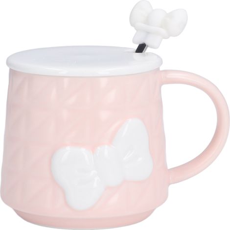 400-ml-Keramikbecher mit Edelstahllöffel und Deckel – Geschenkidee für Zuhause oder die Feiertage – Rosa mit Schleife (1/5)