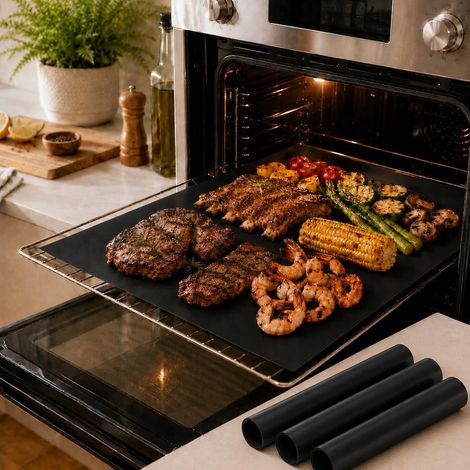 Lot de 3 tapis de four antiadhésifs noirs, 40 x 33 cm, protection anti-éclaboussures pour four, micro-ondes et barbecue (1/5)