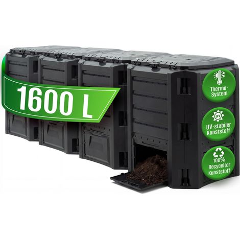 DEUBA® Composteur de jardin plastique noir transformateur de déchets couvercle et trappe d’extraction bac à compost 1600 litres