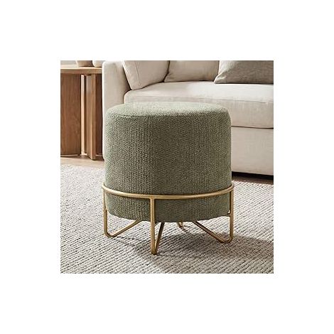 Wahson Pouf Rotondo in Ciniglia, Poggiapiedi Moderno con Gambe Metallo Dorato - Ottomano per Salotto, Ingresso e Toeletta, Verde (1/5)