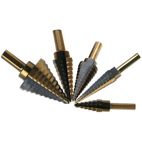 Lot de 5 Foret Étagé, Foret Fraise Meche Etage avec Revêtement Titane pour Acier Bois Plastique Laiton Aluminium PVC Foret de Coupe Conique à Double Fente Revêtu (1/3)