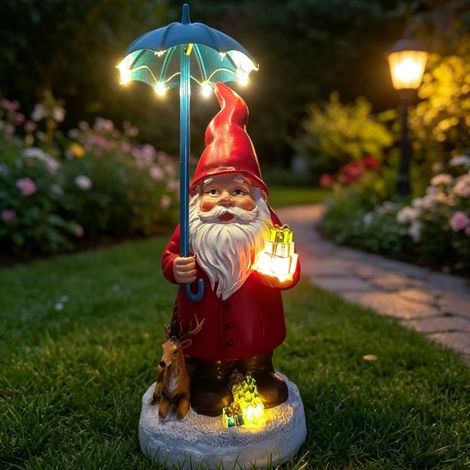 Statue de lutin de Noël en résine avec parapluie lumineux solaire, décoration pour intérieur et extérieur (1/2)