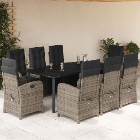 Salon de jardin 9 pièces, 8 fauteuils inclinables en résine tressée, coussins gris - PANGIVO (1/5)
