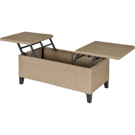 Table basse de jardin style cosy chic beige, table basse relevable en métal époxy et résine tressée imitation rotin (1/5)