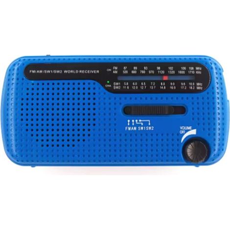 Radio portatile a energia solare con manovella, 1200 mAh, USB, altoparlante stereo di emergenza per esterni, colore blu (1/2)