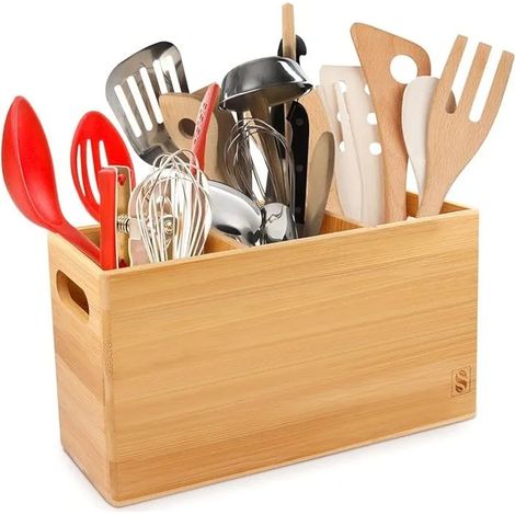 Grand Porte Ustensiles Cuisine Bambou Rangement Ustensiles Robuste avec 3 Compartiments de Rangement Plateau Amov REPOSE USTENSILES (1/5)
