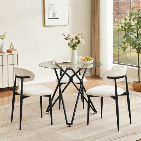 Table ronde à manger 90 cm en verre trempé, parfaite pour 2 à 4 convives, design compact et gain de place, pieds en acier résistant, idéale pour cuisine, salle à manger ou séjour, finition noire. (1/5)