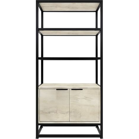 Edo - Estanter�a Librer�a de Pared 76x162,5x33,5 cm 3 Baldas con Mueble 2 Puertas en Madera Bleach Estructura de Metal Negro (1/5)