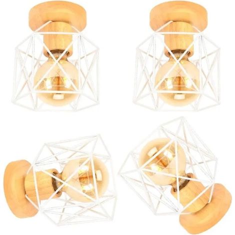 4pcs Plafonnier Retro en Cage Carré,Lustre Industriel Abat-jour Fer E27 Éclairage Plafonnier Designe Edsion,14cm,Blanc (1/4)