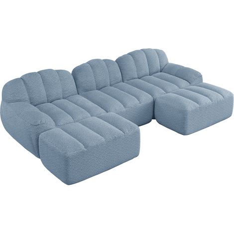 CAIziCanapé modulaire en U 3 places avec 2 ottomans, canapé sans armature en mousse haute densité 32D, assise profonde, idéal pour le salon, tissu doux, Bleu (1/5)