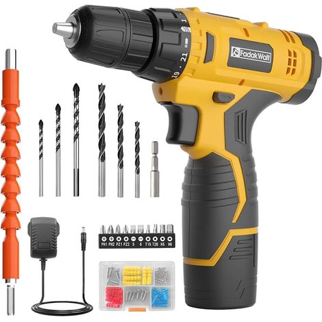 Cordless Drill Driver with Battery 21+1 Torque Settings 19 Nm LED Lights Suitable for Domestic Work Yellow (1/5)