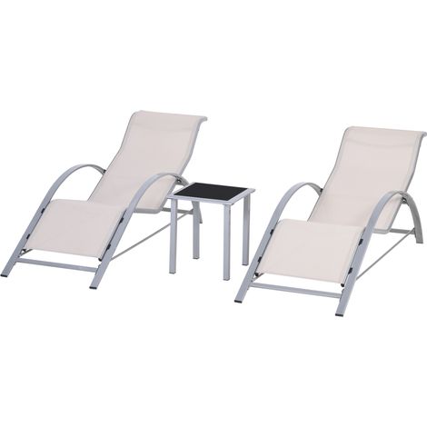 Outsunny Set 2 Lettini Prendisole e Tavolino con Piano in Vetro Crema