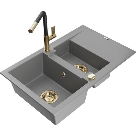 Mexen Gaspar 1,5-Becken-Granitspüle mit Abtropffläche und Mischbatterie Flora, Grau - 6507-71-670401