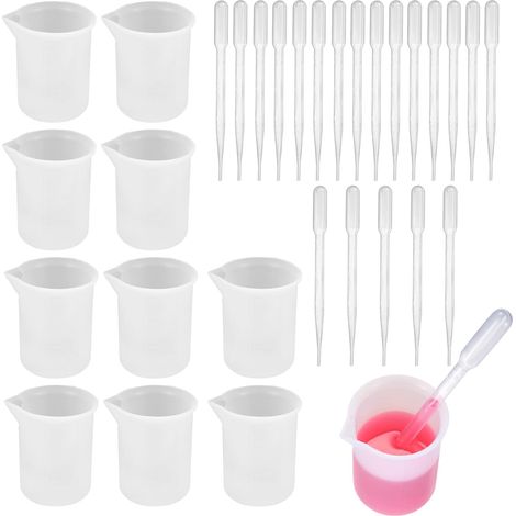 10 gobelets doseurs en silicone de 100 ml, gradués, pour résine, avec moules antiadhésifs pour le moulage de résine époxy et 20 pipettes.