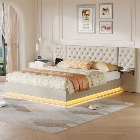 Lit coffre 140x200 cm capitonné en tissu lin - Rangement hydraulique spacieux - Tête de lit rembourrée - LED et ports Type‑C - Idéal chambre parentale - Beige (1/5)