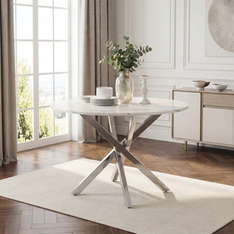 Tavolo da pranzo rotondo, 80 x 80 x 75 cm, piano effetto marmo, stile moderno, gambe in acciaio zincato argento, tavolino da caffè/tavolino laterale, stile moderno minimalista, bianco + argento (1/5)
