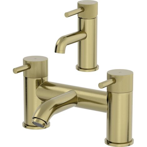 Fluted Bathroom Bath Filler Basin Mixer Tap Set Deck Mounted Round Modern Brass (1/5)