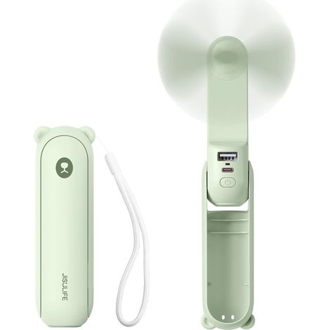 Mini portatif ventilateur à main 3 en 1, rechargeable, ventilateur à piles avec batterie externe-vert clair (1/5)