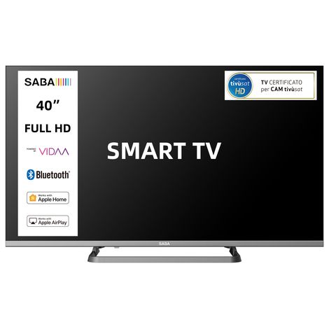 Saba SA40SM10VDA SMART TV 40” FULL HD, Sistema operativo VIDAA, Triplo tuner DVBT2/C /S2 HEVC MAIN10, Certificato TivuSAT, Piedistallo centrale, Dolby Audio