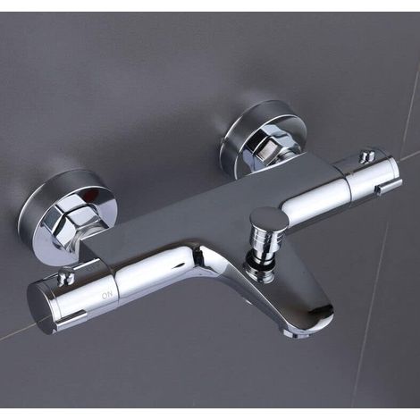 Robinet de baignoire thermostatique 20-50 ℃, acier inoxydable 2 sorties d'eau robinet de douche mitigeur robinet de salle de bain chromé, robinet de douche anti-brûlure avec bouton de sécurité à 38 °C (1/5)