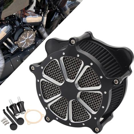Filtre à air de grande taille pour moto, purificateur d'air en alliage d'aluminium + système de filtration d'admission, compatible avec les grands filtres à air Harley. (1/5)
