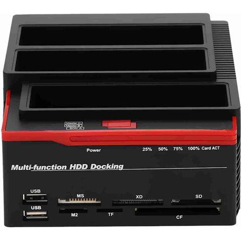STATION D'ACCUEIL POUR DISQUE DUR 3 BAIS, USB 3.0, COMPATIBLE 2.5"/3.5" SATA ET IDE, LECTEUR DE CARTES 6 SLOTS, POUR PC/MAC - ROUGE ET NOIR,(disque dur non inclus) (1/5)