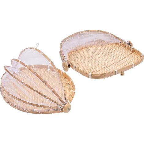 Panier de service en bambou avec couvercle anti-mouches, lot de 2 pièces, idéal pour la présentation des aliments et décoration de table (1/5)