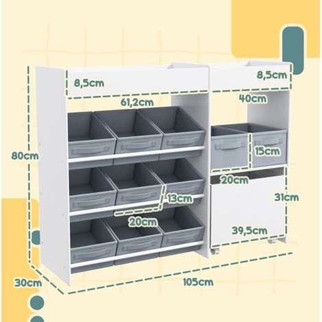 Scaffale porta giochi per bambini in MDF bianco con 11 box in tessuto e 3 adesivi (1/4)