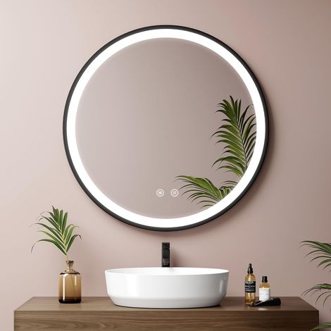 Miroir de Salle de Bain Rond 70 cm, Miroir Rond Salle de Bain avec Interrupteur Tactile et Fonction Anti-buée, Lumière Blanche 6500K, Cadre Noir et bandoulière réglable (1/5)