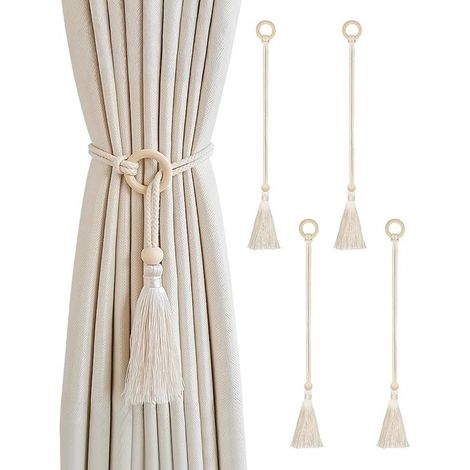 Set di 4 fermatende e cordini in stile bohémien con nappe, beige. (1/5)