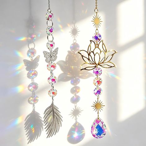 Juego de 2 atrapasoles de cristal, prisma de mariposa de loto, arco iris, atrapasueños colgante de cristal y latón para uso interior y exterior, para ventanas, jardín, Navidad, Día de la Madre (1/5)