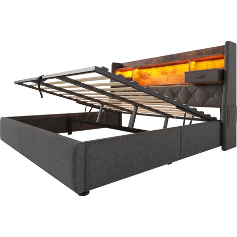 Polsterbett 180x200 cm aus grauem Leinen mit LED-Kopfteil und USB/Type-C (1/5)