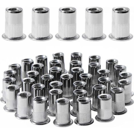 100 pièces M6 écrou à rivet fileté à tête plate,écrous à riveter fileter en acier inoxydable,assortiment inserts filetés pour mental plastique (12 mm × 15 mm) (1/5)